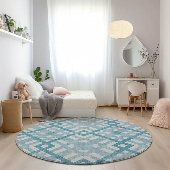 Addison Rugs Chantille Indoor/Outdoor Transitional Geometric Teal Washable Round Rug, 8' x 8'