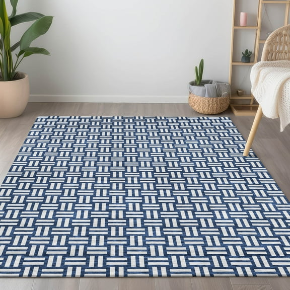 Addison Rugs Chantille Indoor/Outdoor Transitional Squares Navy Washable Rectangle Rug, 8' x 10'