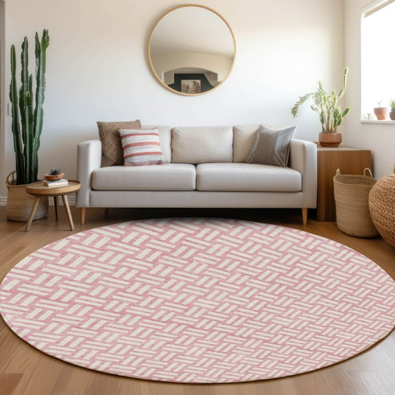 Addison Rugs Chantille Indoor/Outdoor Transitional Squares Pink Washable Round Rug, 8' x 8'