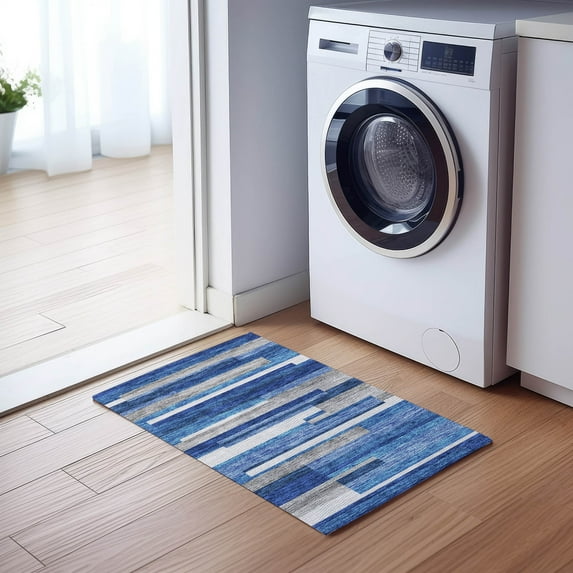 Addison Rugs Chantille Indoor/Outdoor Transitional Stripes Blue Washable Rectangle Rug, 1'8" x 2'6"