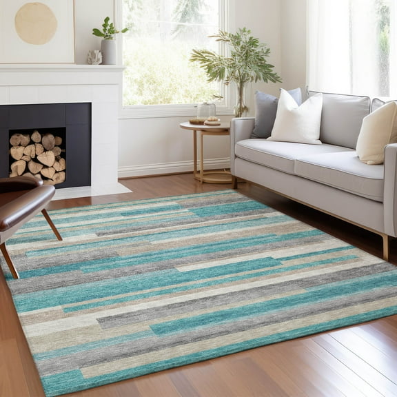 Addison Rugs Chantille Indoor/Outdoor Transitional Stripes Teal Washable Rectangle Rug, 2'6" x 3'10"