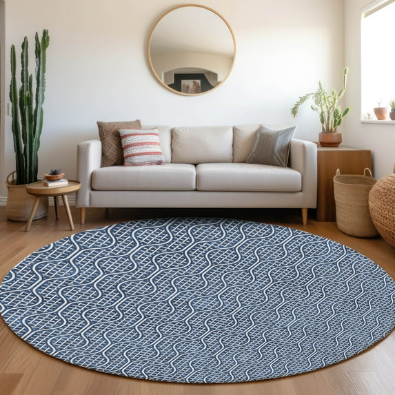 Addison Rugs Chantille Indoor/Outdoor Transitional Geometric Navy Washable Round Rug, 8' x 8'