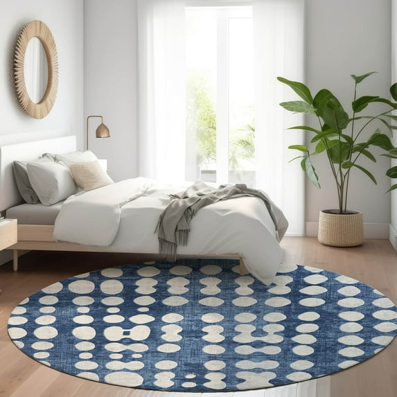 Addison Rugs Chantille Indoor/Outdoor Transitional Circles Navy Washable Round Rug, 8' x 8'