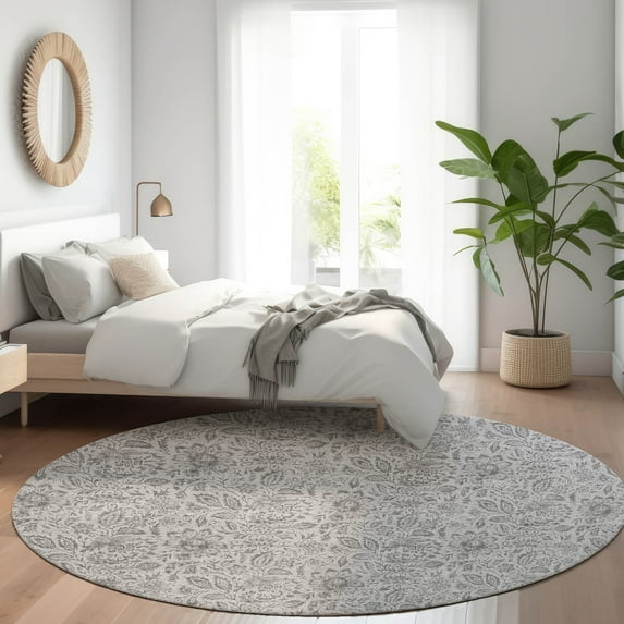 Addison Rugs Chantille Indoor/Outdoor Transitional Floral Silver Washable Round Rug, 8' x 8'