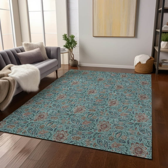 Addison Rugs Chantille Indoor/Outdoor Transitional Floral Teal Washable Rectangle Rug, 10' x 14'