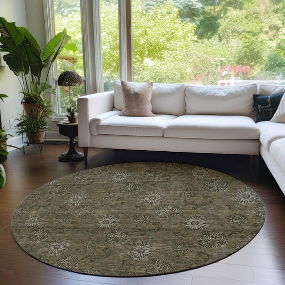 Addison Rugs Chantille Indoor/Outdoor Transitional Floral Brown Washable Round Rug, 8' x 8'