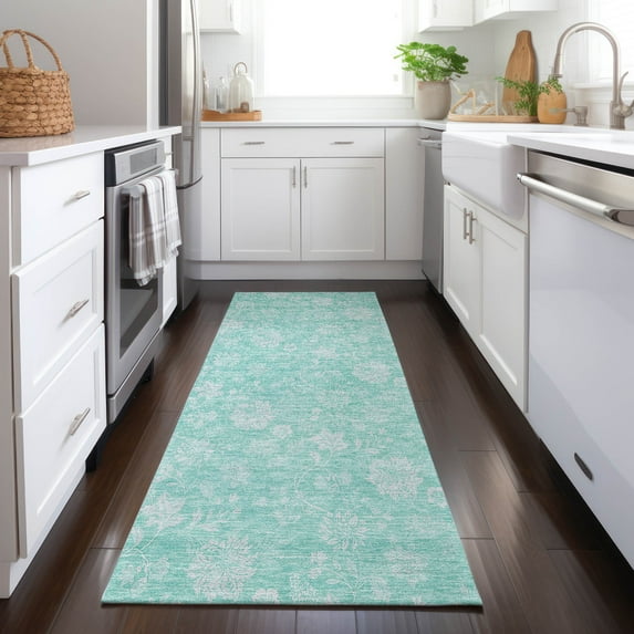 Addison Rugs Chantille Indoor/Outdoor Transitional Floral Aqua Washable Runner Rug, 2'3" x 7'6"