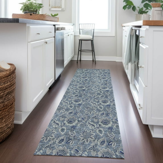 Addison Rugs Chantille Indoor/Outdoor Transitional Floral Blue Washable Runner Rug, 2'3" x 7'6"