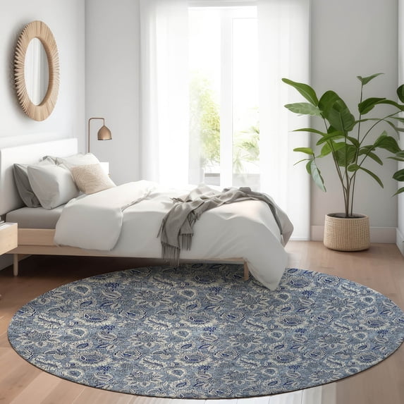 Addison Rugs Chantille Indoor/Outdoor Transitional Floral Blue Washable Round Rug, 8' x 8'