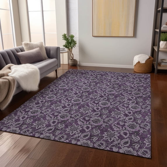 Addison Rugs Chantille Indoor/Outdoor Transitional Floral Eggplant Washable Rectangle Rug, 5' x 7'6"