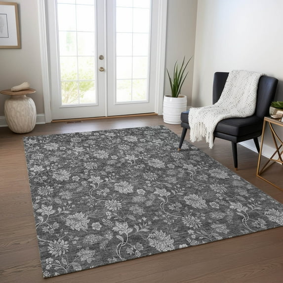 Addison Rugs Chantille Indoor/Outdoor Transitional Floral Gray Washable Rectangle Rug, 9' x 12'