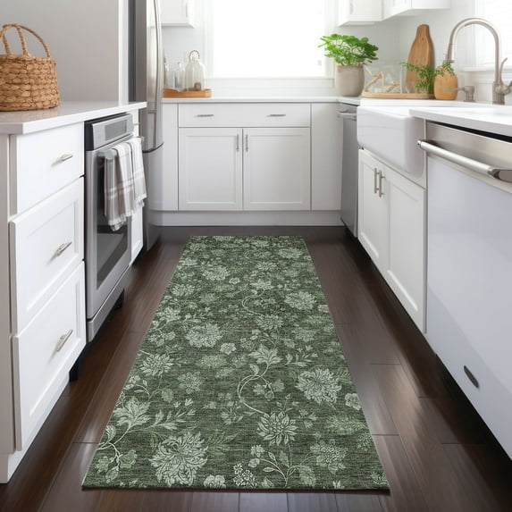 Addison Rugs Chantille Indoor/Outdoor Transitional Floral Olive Washable Runner Rug, 2'3" x 7'6"
