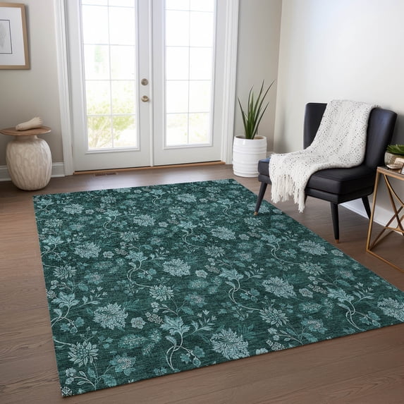 Addison Rugs Chantille Indoor/Outdoor Transitional Floral Teal Washable Rectangle Rug, 8' x 10'
