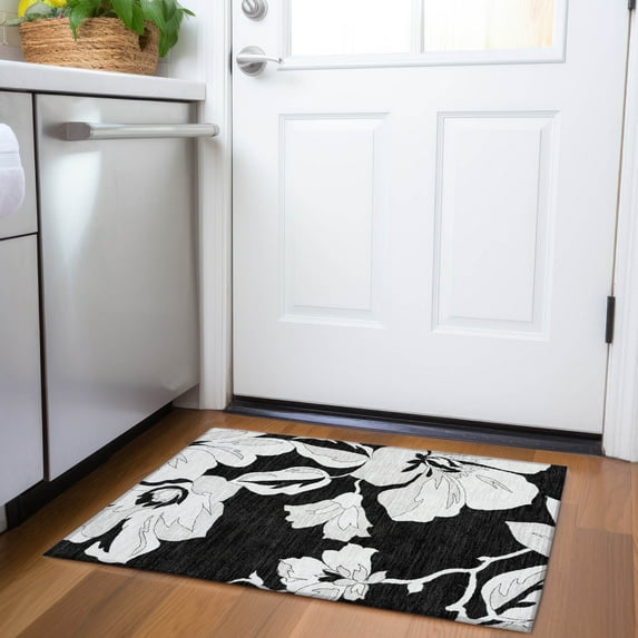 Addison Rugs Chantille Indoor/Outdoor Transitional Floral Black Washable Rectangle Rug, 1'8" x 2'6"