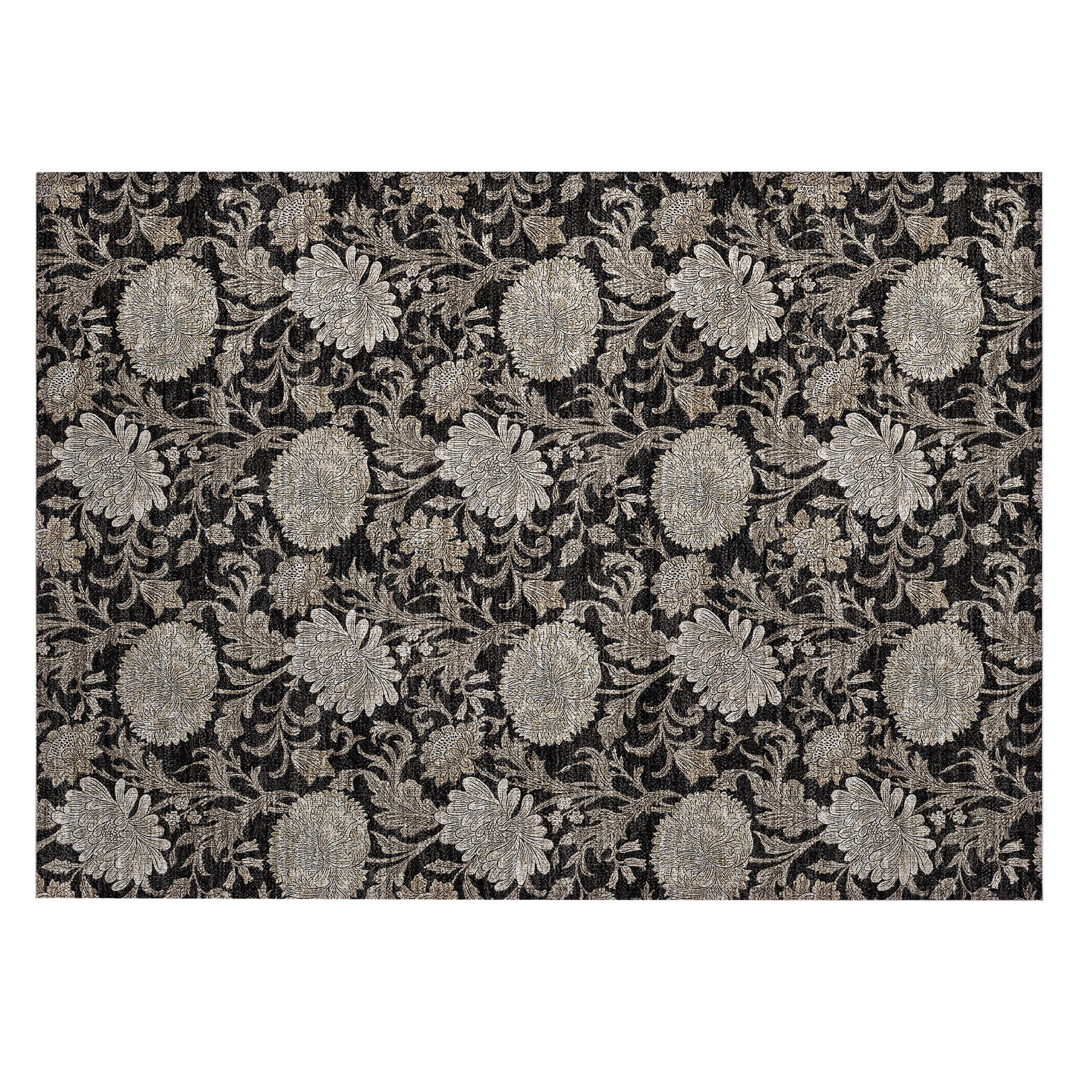 Black Floral Rectangular Machine-Washable Indoor/Outdoor Rug