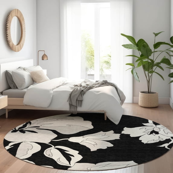 Addison Rugs Chantille Indoor/Outdoor Transitional Floral Black Washable Round Rug, 8' x 8'