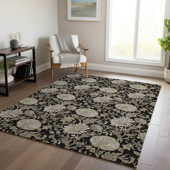 Addison Rugs Chantille Indoor/Outdoor Transitional Floral Black Washable Rectangle Rug, 9' x 12'