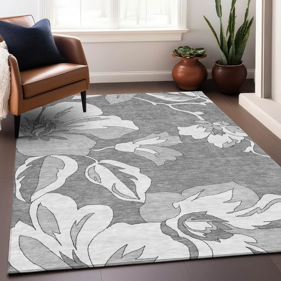 Addison Rugs Chantille Indoor/Outdoor Transitional Floral Gray Washable Rectangle Rug, 3' x 5'