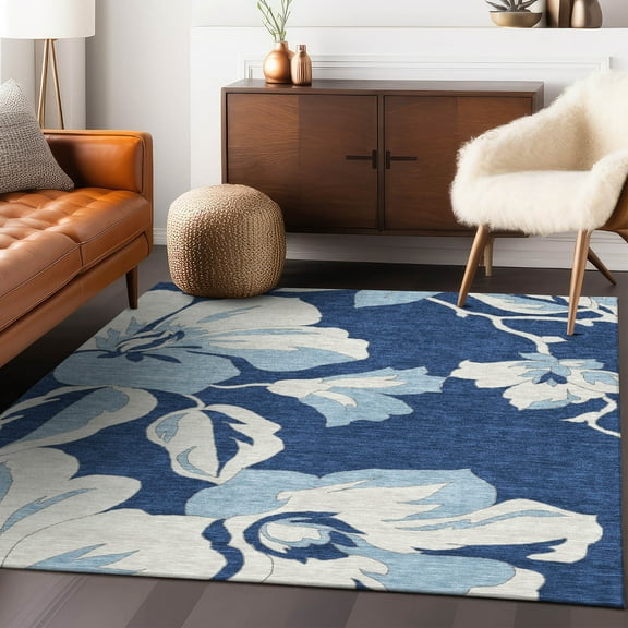 Addison Rugs Chantille Indoor/Outdoor Transitional Floral Navy Washable Rectangle Rug, 5' x 7'6"