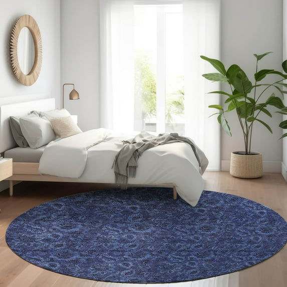 Addison Rugs Chantille Indoor/Outdoor Transitional Floral Navy Washable Round Rug, 8' x 8'