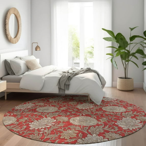 Addison Rugs Chantille Indoor/Outdoor Transitional Floral Red Washable Round Rug, 8' x 8'