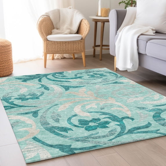 Addison Rugs Chantille Indoor/Outdoor Transitional Swirls Teal Washable Rectangle Rug, 10' x 14'