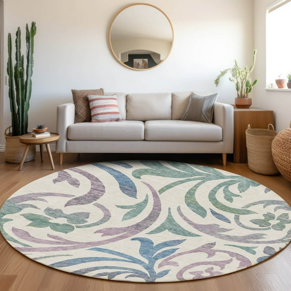 Addison Rugs Chantille Indoor/Outdoor Transitional Swirls White Washable Round Rug, 8' x 8'