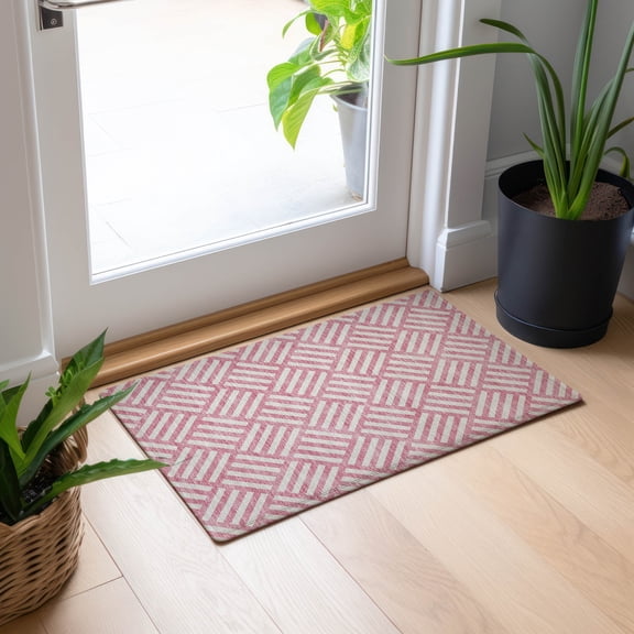 Addison Rugs Chantille Indoor/Outdoor Transitional Squares Pink Washable Rectangle Rug, 1'8" x 2'6"