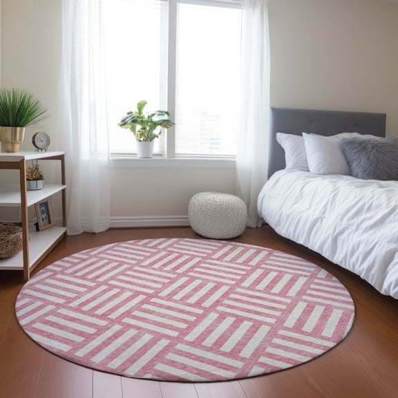 Addison Rugs Chantille Indoor/Outdoor Transitional Squares Pink Washable Round Rug, 8' x 8'