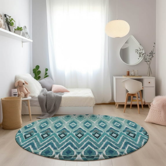 Addison Rugs Chantille Indoor/Outdoor Transitional Southwest Teal Washable Round Rug, 8' x 8'