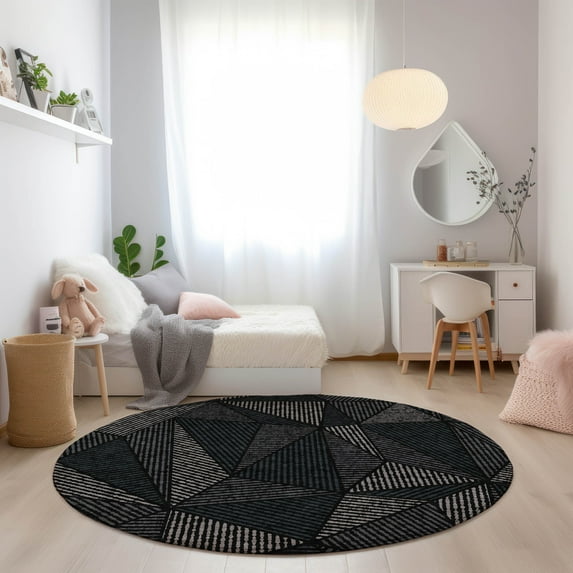 Addison Rugs Chantille Indoor/Outdoor Transitional Geometric Black Washable Round Rug, 8' x 8'