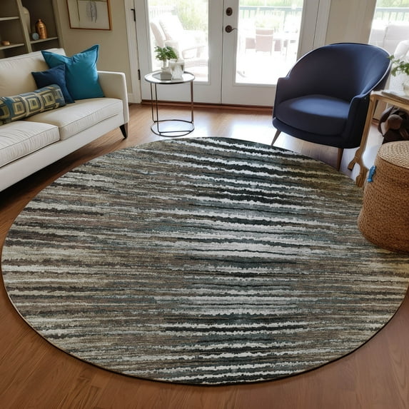 Addison Rugs Chantille Indoor/Outdoor Traditional Stripes Brown Washable Round Rug, 8' x 8'