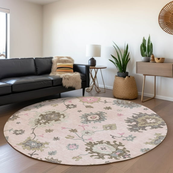 Addison Rugs Chantille Indoor/Outdoor Traditional Oushak Pink Washable Round Rug, 8' x 8'