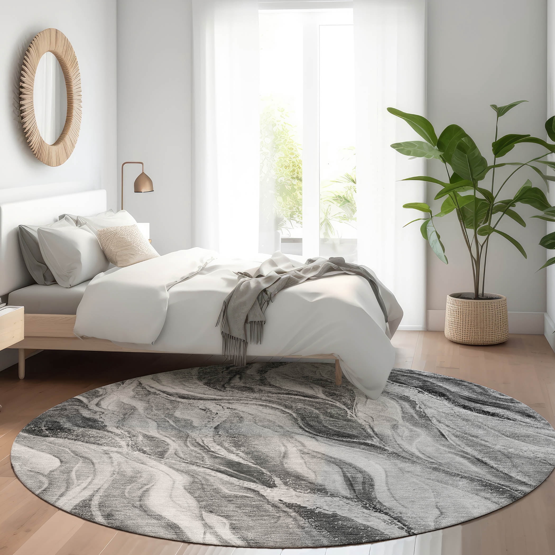 Addison Rugs Chantille Indoor/Outdoor Transitional Waves Gray Washable Round Rug, 8' x 8'