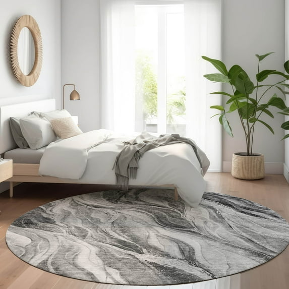 Addison Rugs Chantille Indoor/Outdoor Transitional Waves Gray Washable Round Rug, 8' x 8'