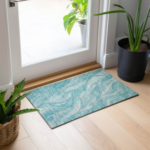 Addison Rugs Chantille Indoor/Outdoor Transitional Waves Teal Washable Rectangle Rug, 1'8" x 2'6"