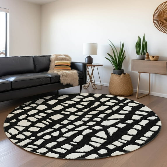 Addison Rugs Chantille Indoor/Outdoor Transitional Squares Black Washable Round Rug, 8' x 8'