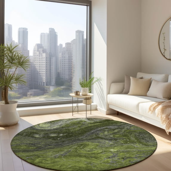 Addison Rugs Chantille Indoor/Outdoor Transitional Abstract Green Washable Round Rug, 8' x 8'