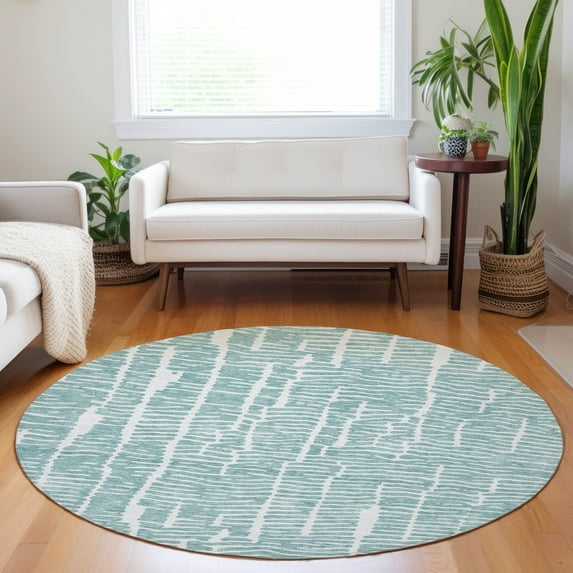 Addison Rugs Chantille Indoor/Outdoor Transitional Lines Teal Washable Round Rug, 8' x 8'