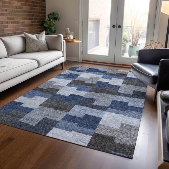Addison Rugs Chantille Indoor/Outdoor Transitional Geometric Blue Washable Rectangle Rug, 5' x 7'6"