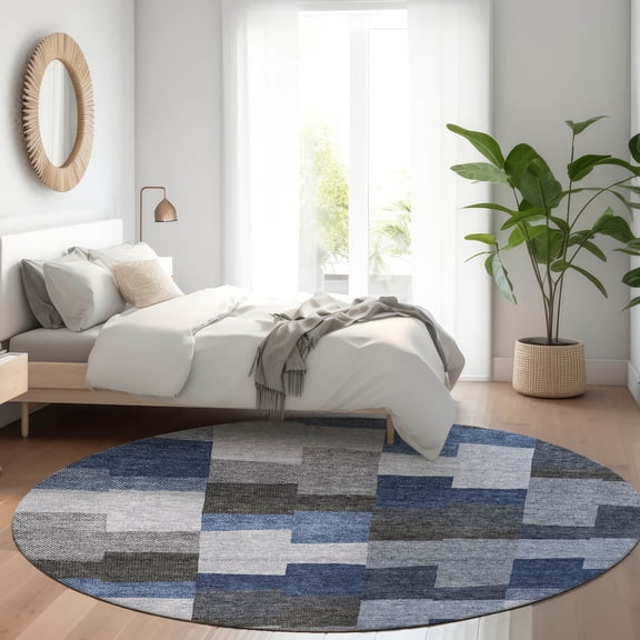Addison Rugs Chantille Indoor/Outdoor Transitional Geometric Blue Washable Round Rug, 8' x 8'