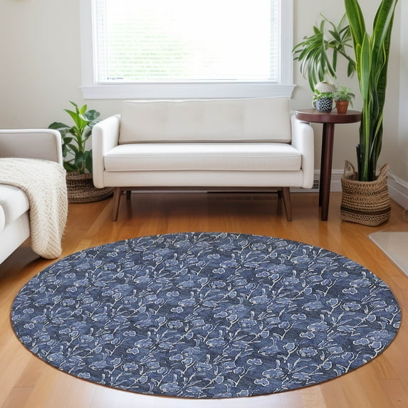 Addison Rugs Chantille Indoor/Outdoor Transitional Floral Navy Washable Round Rug, 8' x 8'