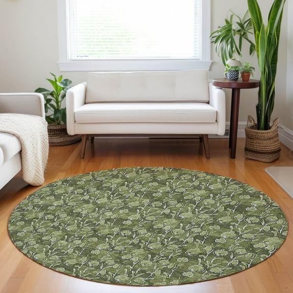 Addison Rugs Chantille Indoor/Outdoor Transitional Floral Olive Washable Round Rug, 8' x 8'