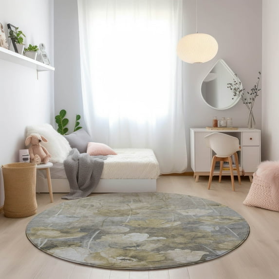 Addison Rugs Chantille Indoor/Outdoor Transitional Floral Beige Washable Round Rug, 8' x 8'