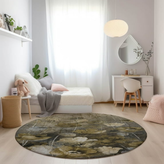 Addison Rugs Chantille Indoor/Outdoor Transitional Floral Taupe Washable Round Rug, 8' x 8'