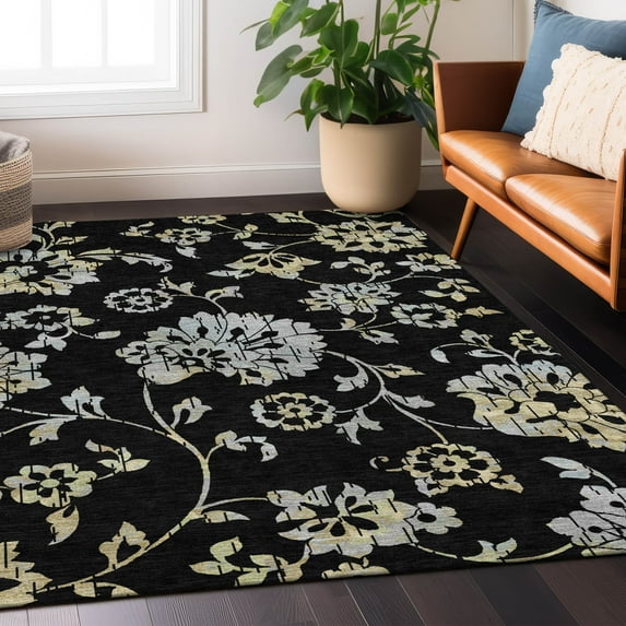 Addison Rugs Chantille Indoor/Outdoor Transitional Floral Black Washable Rectangle Rug, 10' x 14'
