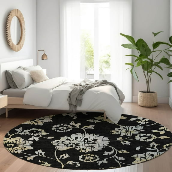 Addison Rugs Chantille Indoor/Outdoor Transitional Floral Black Washable Round Rug, 8' x 8'