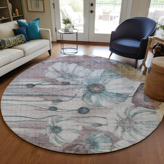 Addison Rugs Chantille Indoor/Outdoor Transitional Floral Teal Washable Round Rug, 8' x 8'