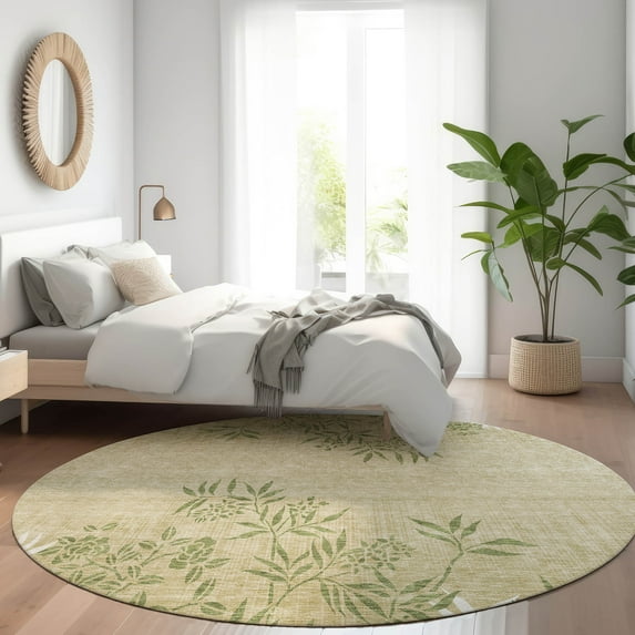 Addison Rugs Chantille Indoor/Outdoor Transitional Floral Khaki Washable Round Rug, 8' x 8'