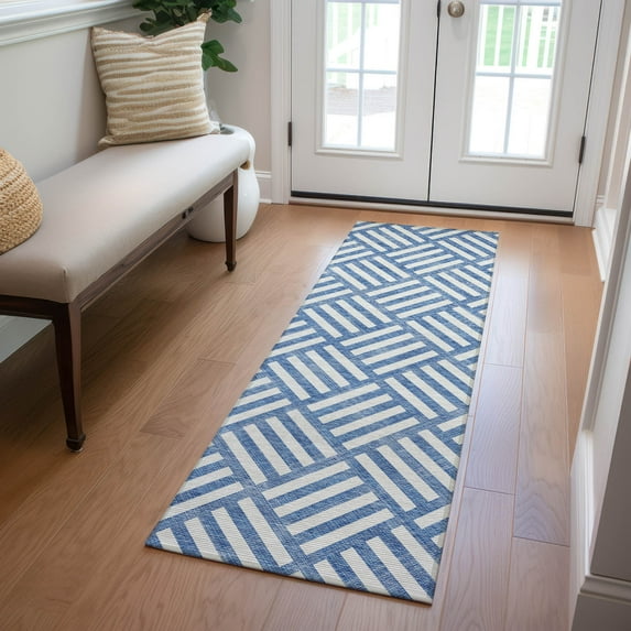 Addison Rugs Chantille Indoor/Outdoor Transitional Squares Blue Washable Runner Rug, 2'3" x 7'6"
